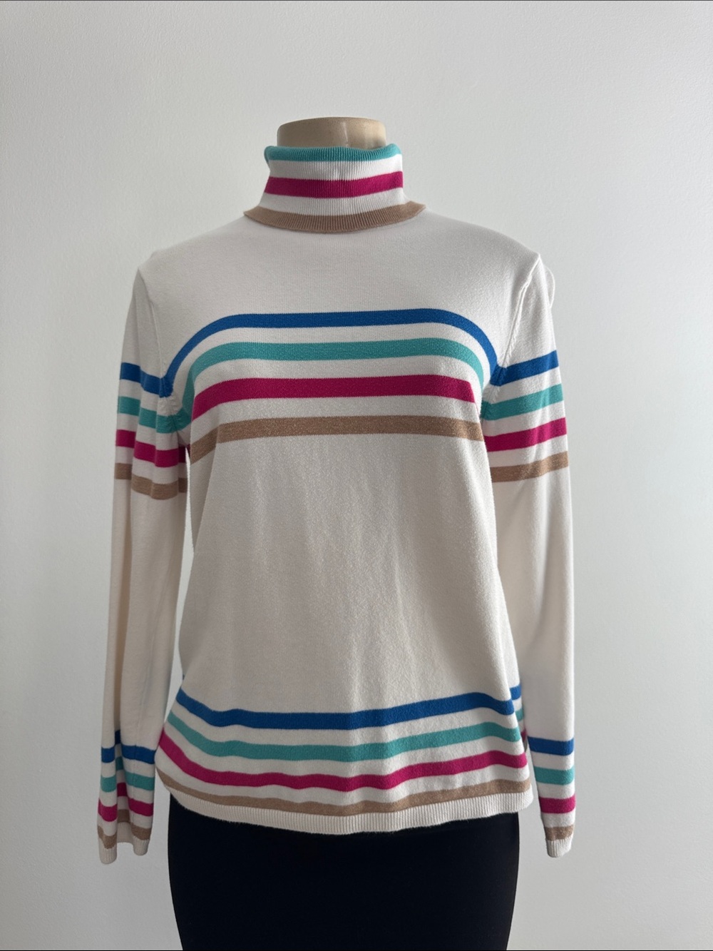 Talbots Cream Striped Turtleneck Sweater with Blue, Teal & Pink